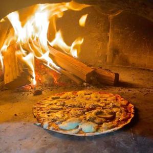 una pizza está sentada en un horno de fuego en Casa do Pinheiro Petrópolis, en Petrópolis