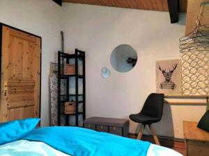 ein Schlafzimmer mit einem Bett, einem Stuhl und einem Spiegel in der Unterkunft Ferienhaus am Listersee in Meinerzhagen