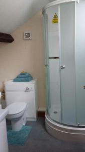 a bathroom with a toilet and a glass shower at Tudor Cottage, Newby Bridge in Ulverston