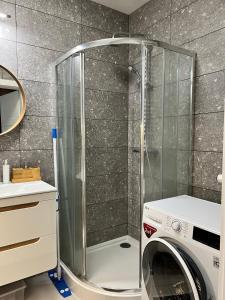 a shower in a bathroom with a washing machine at PRIMO Premium Apartments Łódź Fabryczna in Łódź