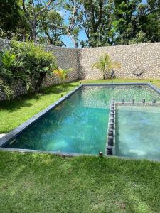 a swimming pool in the grass next to a wall at Condominio Pacha en Tulum in Tulum