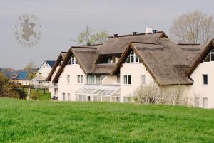 eine Reihe weißer Häuser auf einer grünen Wiese in der Unterkunft Ferienwohnung 5 im Strandhaus Lobbe in Lobbe