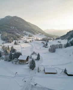 een klein dorpje in de sneeuw op een berg bij Heutaler Hof - Hotel im Naturidyll in Unken