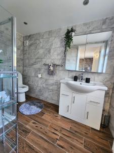 La salle de bains est pourvue d'un lavabo, de toilettes et d'un miroir. dans l'établissement Home From Home Wembley, à Preston