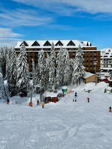 a group of people in the snow in front of a building at Woodside Residences & SPA in Kopaonik