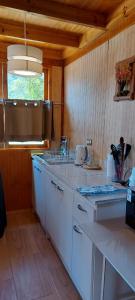 una cucina con ripiani bianchi e una finestra di Refugio ALTO ANCOA a Linares