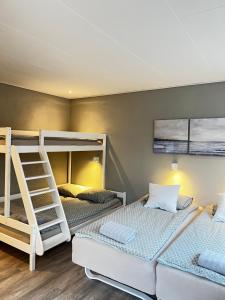 1 Schlafzimmer mit 2 Etagenbetten und einer Leiter in der Unterkunft Jerup Bed & Breakfast in Jerup