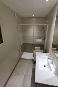 La salle de bains est pourvue d'une douche et d'un lavabo blanc. dans l'établissement RDC de villa 50m2 à 700 mètres du centre ville, à Saint-Bonnet-en-Champsaur