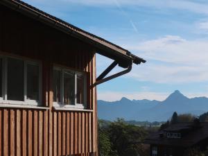 a house with windows and mountains in the background at Vogelmann Suite in Pfronten