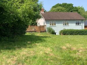 ein weißes Haus mit einem Hof mit einer Wiese in der Unterkunft Cosy Cottage in the heart of Black Down Hills in Yarcombe + 10 Fotos