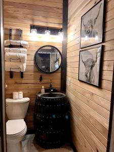 uma casa de banho com um WC, um espelho e um lavatório. em Bourbon Barrel Cottages #2 of 5 on Kentucky trail em Lawrenceburg