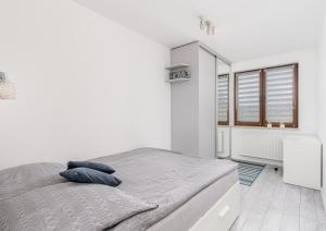 biała sypialnia z łóżkiem i oknem w obiekcie Chill Apartment - Ludwika Rydygiera w Krakowie