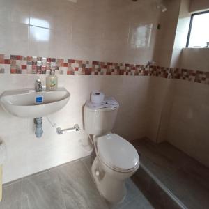 a bathroom with a toilet and a sink at Cabaña Campestre - Ciudad Memoria in Sogamoso