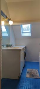 a bathroom with a sink and a washing machine at Tranquil House 10min from Disneyland Paris in Bussy-Saint-Georges