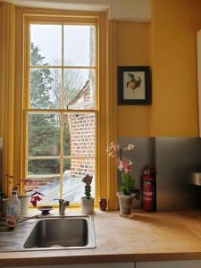 encimera de cocina con fregadero y ventana en The Writer's House en Canterbury