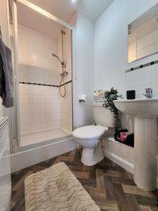 a bathroom with a toilet and a sink and a shower at Home from Home Slough in Slough