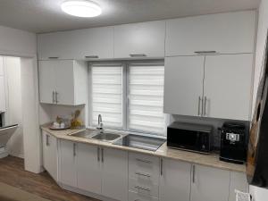 La cuisine est équipée de placards blancs, d'un évier et d'un four micro-ondes. dans l'établissement Apartman ALMA, à Kalesija