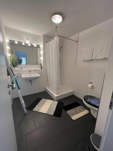 a bathroom with a shower toilet and a sink at Exklusives und zentrales Wohnen direkt am Marktplatz in Balingen
