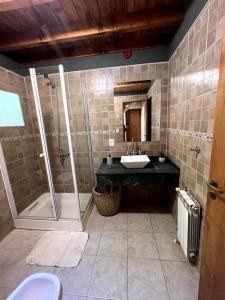 y baño con ducha, lavabo y bañera. en Casa en San Martin de Los Andes en San Martín de los Andes