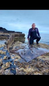 a man kneeling on the beach with a large fish at Farr North Lodge 1 in Wick
