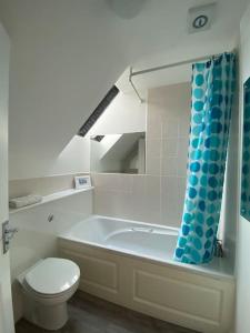a bathroom with a toilet and a bath tub at Braunton Breaks - Ambrose Cottage in Braunton