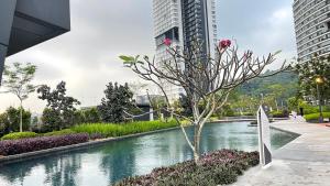 a tree in the middle of a river with buildings at Hannah's Cottage at KL East The Ridge in Kuala Lumpur
