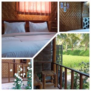 a collage of pictures of a bed and a balcony at Mysha Guest House-Lombok in Tetebatu