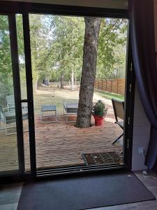 una puerta abierta a una terraza con un árbol en Lodge avec terrasse, en Charmeil