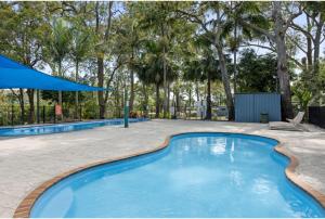 a swimming pool with a patio and trees at Discovery Parks - Burrill Lake, Ulladulla in Burrill Lake