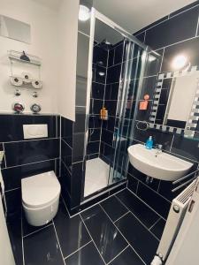 - une salle de bains en noir et blanc pourvue de toilettes et d'un lavabo dans l'établissement UNMITTELBAR am ULMER MÜNSTER - Cozy Apartment, à Ulm