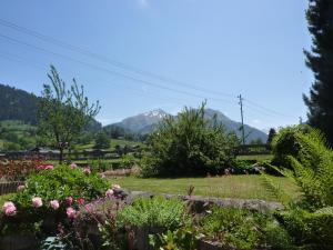 a view of a garden with mountains in the background at Chalet Aebnetbode in Gstaad