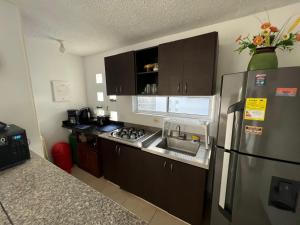 cocina con nevera de acero inoxidable y fregadero en Hermoso apartasol en santafe de Antioquia., en Santa Fe de Antioquia