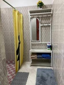 a bathroom with a shower with a mirror and a sink at Eucalyptus Cabin Boquete in Bajo Boquete