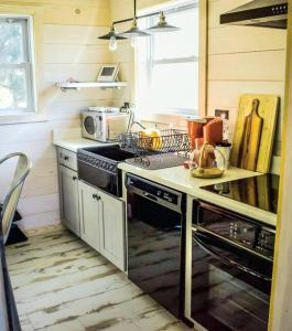een keuken met een fornuis en een aanrecht bij Secluded Tiny House by the Marsh with Hunting Island Beach Pass in St. Helena Island