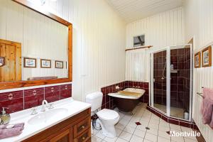 La salle de bains est pourvue d'un lavabo, de toilettes et d'une douche. dans l'établissement Addison's Montville, à Montville