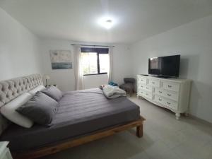 1 dormitorio con 1 cama, TV y vestidor en EL PINAR2 en Balneario El Cóndor
