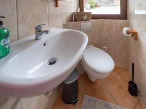 a bathroom with a white sink and a toilet at Home with Sauna & Terrace in Suhl +33 photos
