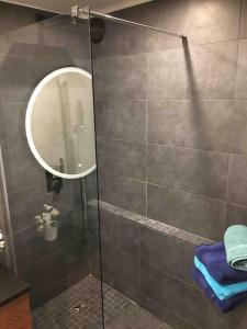 prysznic ze szklanymi drzwiami i lustrem w obiekcie FLC - 3 Bedrooms -Max 10 guests - Gare St Charles 1,5km Hyper Center w Marsylii +20 zdjęć