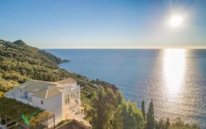 an aerial view of a house on a hill next to the ocean at Panorama Apartments in Afionas