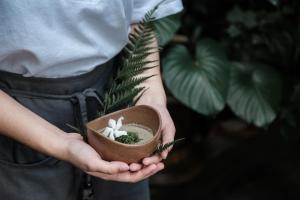パンタイチェナンにあるアンボン・レインフォレスト・リトリートの小植物を手に持つ者