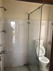 a bathroom with a toilet and a glass shower stall at Roots Shoots & Beds in Kalimpong