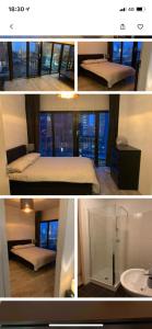 een collage van foto's van een slaapkamer met een bed en een badkamer bij CityView Apartment including parking in Rotterdam