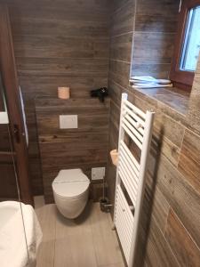 ブラショヴにあるPensiunea Casa Crantaの木製の壁のバスルーム(トイレ付)