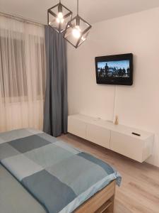 - une chambre avec un lit et une télévision murale dans l'établissement Stan na dan Brcko centar grada, à Brčko