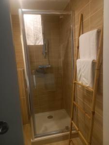 La salle de bains est pourvue d'une douche avec une porte en verre. dans l'établissement Hôtel Akena Le Touquet-Camiers, à Camiers