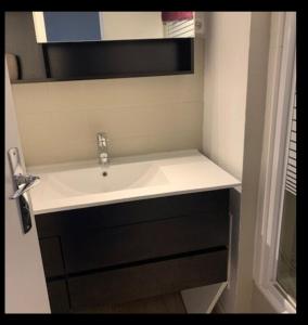 a white sink in a small bathroom with a mirror at L ANTARES residence les etoiles la foux d allos joli studio 4 couchages in La Foux