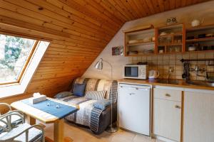 Zimmer mit Küche und Sofa in einer Hütte in der Unterkunft Chalupa v Meziluzi in Meziluží