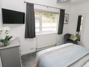 a bedroom with a bed and a tv and a window at Westwinds in Tenby