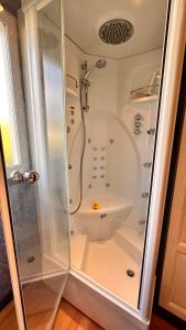 a shower with a glass enclosure in a bathroom at Gîte Le Pingu - spacieux, calme, plein sud - cabine sauna - 8 personnes in La Bresse