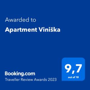 Palkinto, sertifikaatti, kyltti tai muu asiakirja, joka on esillä majoituspaikassa Apartment Viniška